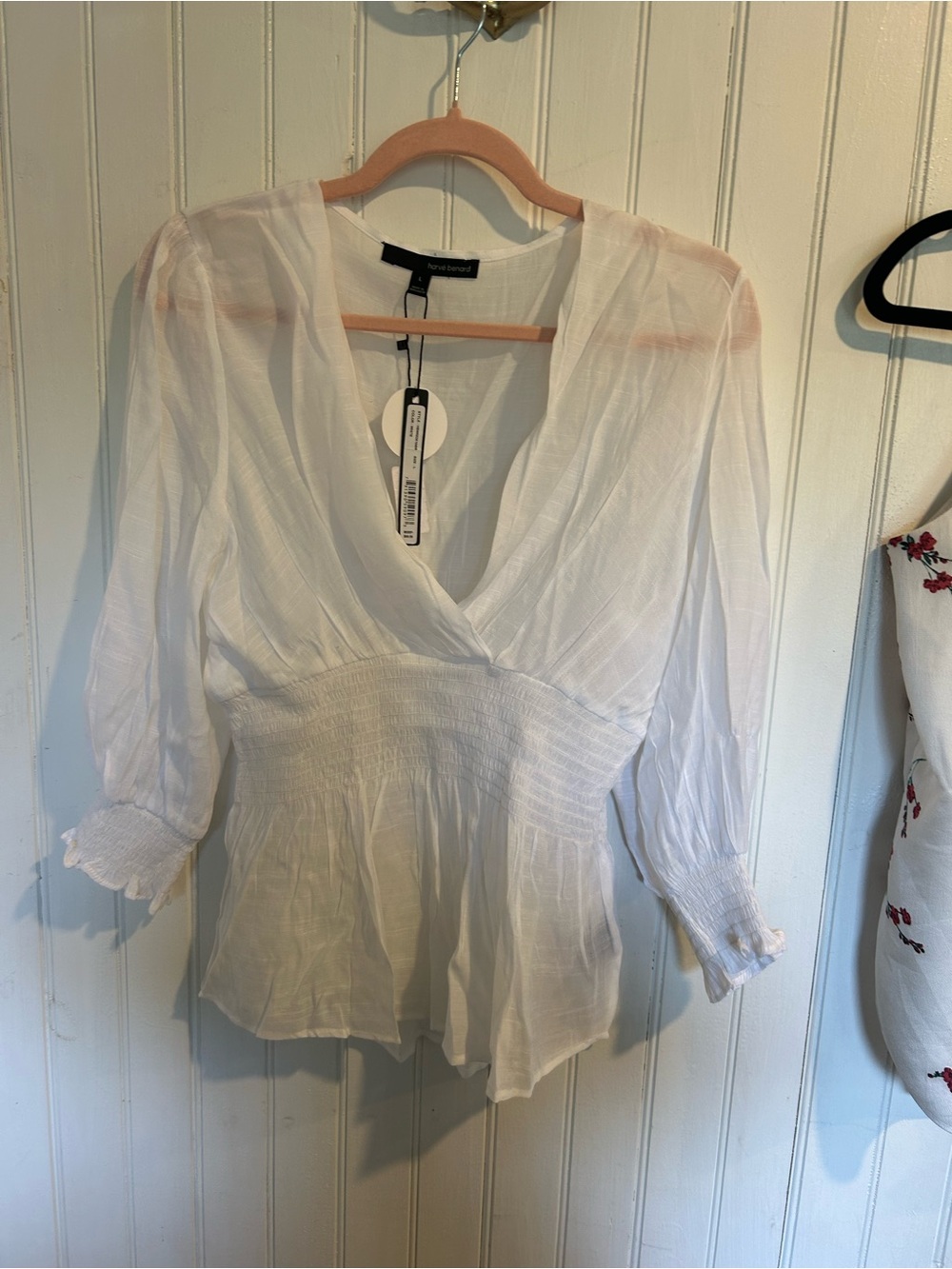 Harve Benard White V-Neck Smocked Waist Peasant Blouse